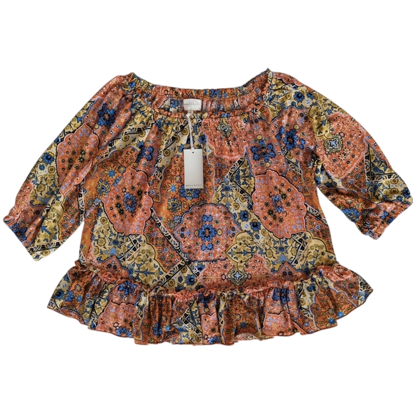 NWT Melloday Floral Ruffle Off the Shoulder Flowy Boho Top Small Blue Orange - Picture 5 of 16